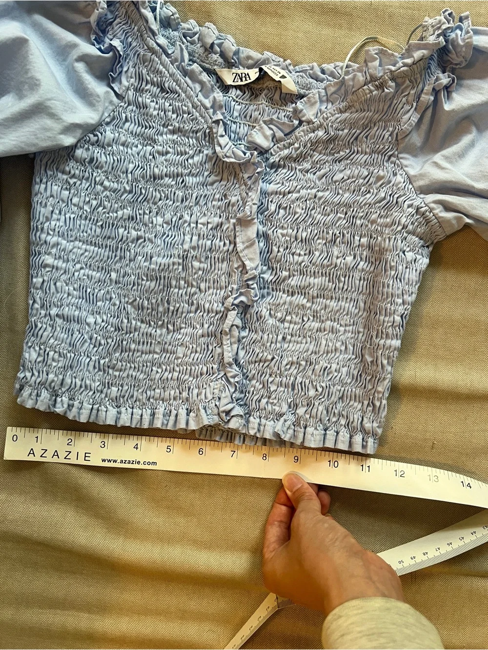 Zara Powder light Blue Smocked Off-Shoulder Ruffle Blouse - size XS